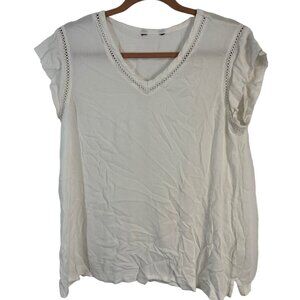 short sleeve blouse shirt v-neck v-side white sheer no size tag medium READ